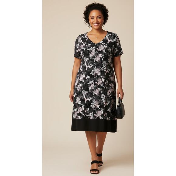 Connected Women 20W Black & White Polka Dot Roses Lightweight Short Sleeve Dress - Picture 1 of 5
